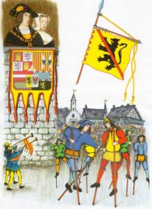 Joute des échasseurs pour le futur Charles Quint en 1515 à Namur. Dessin d'évocation.